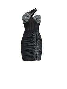 Fashionable Women's Rhinestone Embellished Asymmetrical Collar Sleeveless Dress With 2pcs Set - Black - View 3