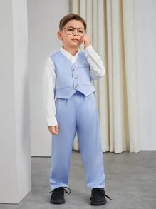 SHEIN 2pcs/Set Young Boy Gentleman Suit, Long Sleeve Blue Satin Vest And Pants For Birthday Party, Wedding, Christening, Anniversary - Blue - View 3
