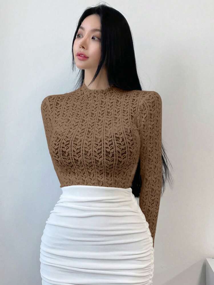 Women's Lace Stand Collar Long Sleeve Base Shirt,Back To School Clothes