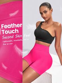 Easithlete Quần short thể thao cạp cao màu trơn Quần short legging - Màu Hồng Tươi - Xem 3