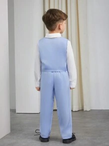 SHEIN 2pcs/Set Young Boy Gentleman Suit, Long Sleeve Blue Satin Vest And Pants For Birthday Party, Wedding, Christening, Anniversary - Blue - View 2