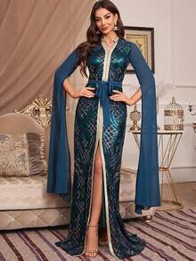 女式超长袖 V 领阿拉伯连衣裙