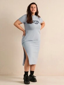 Forever 21 Plus Size Slim Fit Alphabet Printed Slit Side Dress - Light Grey - View 3