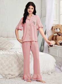 Teen Girl New Simple And Fashionable Heart Print Ruffled Short Sleeve Top And Long Pants Two Pieces Homewear Set - Dusty Pink - View 5
