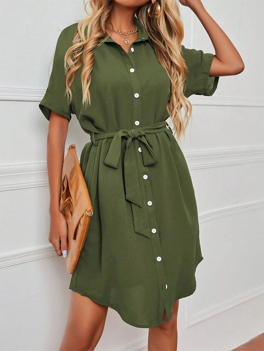 EMERY ROSE Solid Color Short Sleeve Belted Dress - Army Green - View 1