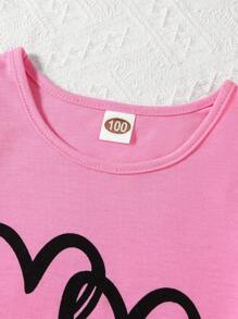 SHEIN Genkimix Kids Young Girl Heart Print Short Sleeve T-Shirt And Dolphin Shorts 2pcs/Set - Hot Pink - View 6