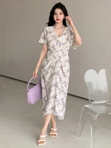 DAZY Váy suông tay bồng cổ chữ V họa tiết hoa xếp ly cho nữ - Nhiều màu - Xem 2