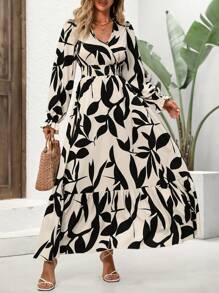 EMERY ROSE Women's Plant Print Wrap Waist Midi Dress Maxi Women Outfit Fall Cloth For Women - Multicolor - View 6