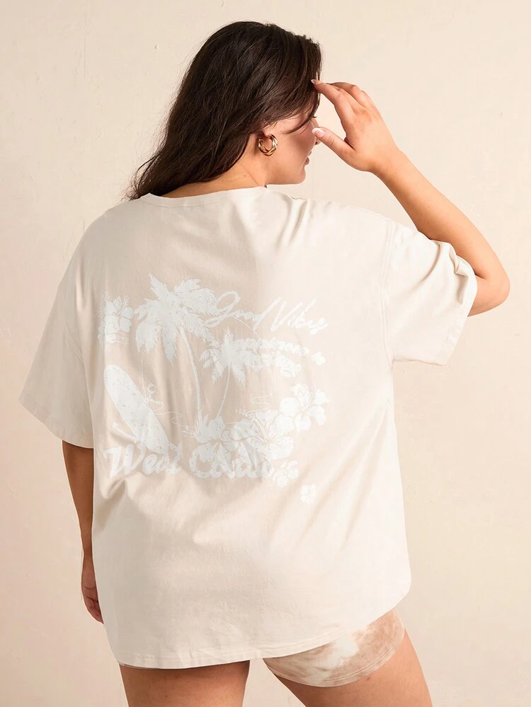Plus Size Women's Palm Tree & Letter Print Round Neck T-Shirt