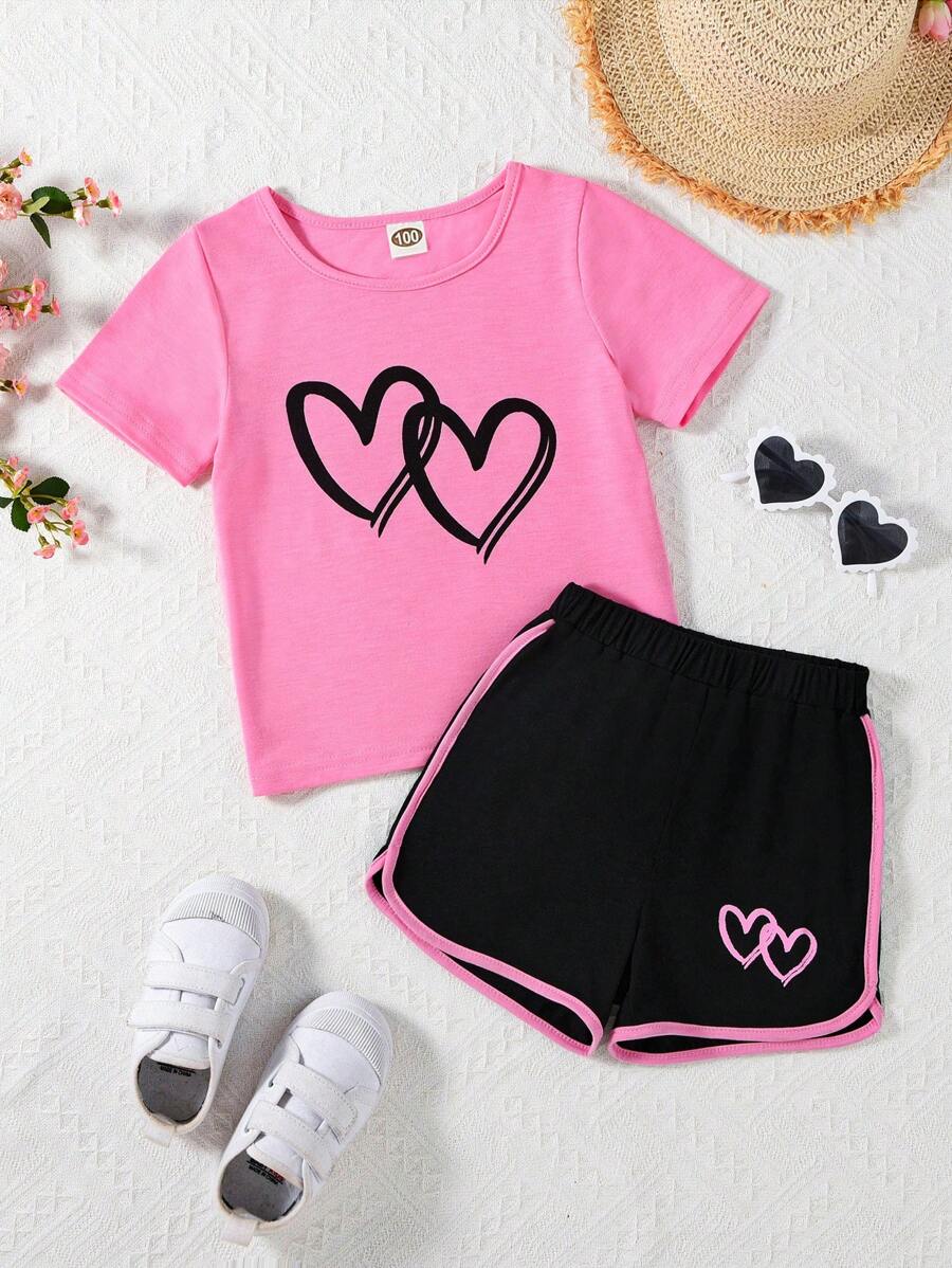 SHEIN Genkimix Kids Young Girl Heart Print Short Sleeve T-Shirt And Dolphin Shorts 2pcs/Set - Hot Pink - View 1