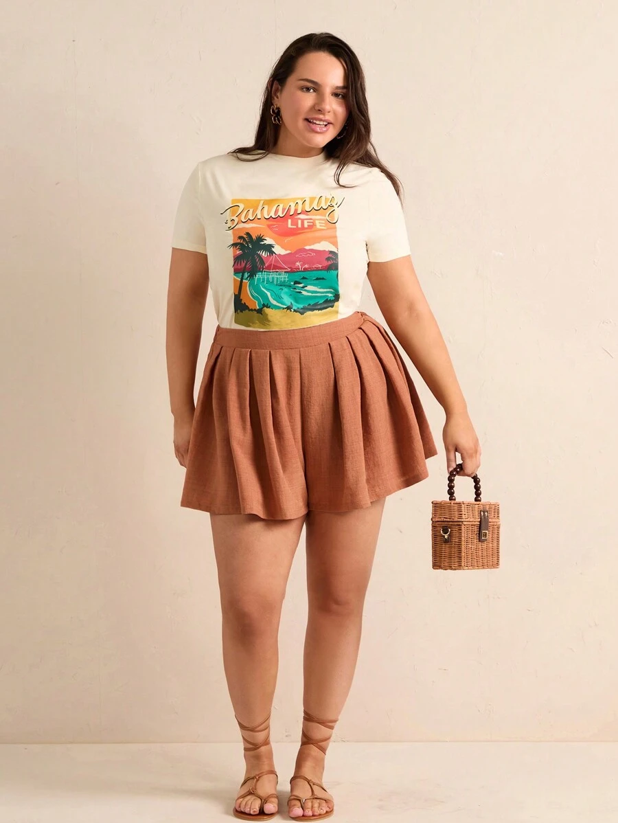 Forever 21 Plus Size Solid Color Loose Fit Pleated Casual Shorts - Bronze - View 1