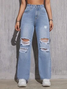 Light Blue Casual Straight Wide Leg Jeans With Distressed Details - Light Wash - View 4