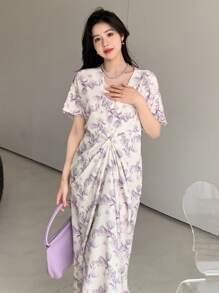 DAZY Váy suông tay bồng cổ chữ V họa tiết hoa xếp ly cho nữ - Nhiều màu - Xem 5