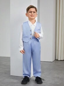 SHEIN 2pcs/Set Young Boy Gentleman Suit, Long Sleeve Blue Satin Vest And Pants For Birthday Party, Wedding, Christening, Anniversary - Blue - View 5
