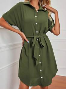 EMERY ROSE Solid Color Short Sleeve Belted Dress - Army Green - View 6