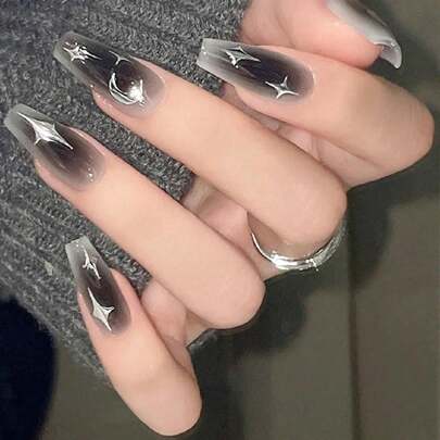 24入組銀色月亮和星形紋身貼片，含1支果凍凝膠和1支指甲貼片，適合派對、旅行和約會，即貼式指甲美甲工具