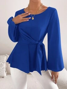 SHEIN Privé 女士實色燈籠袖襯衫,腰部繫結細節設計 - 寶藍色 - 查看 1