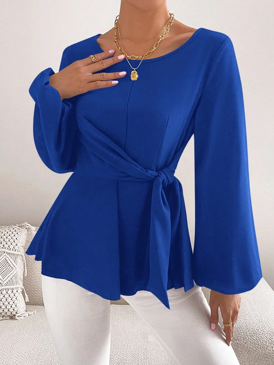 SHEIN Privé 女士實色燈籠袖襯衫,腰部繫結細節設計 - 寶藍色 - 查看 1