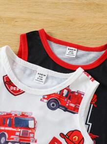 SHEIN 2pcs/Set Baby Boys' Popular Car Pattern Tank Top And Shorts Summer Sports Outfits