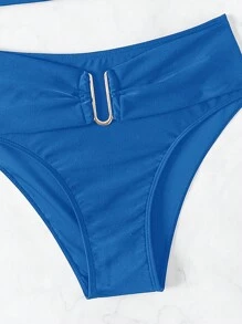 SHEIN Swim 2026春夏女款皇家藍加厚可調式肩帶純色金色U型飾品高衩比基尼兩件式泳衣套裝 - 寶藍色 - 查看 5