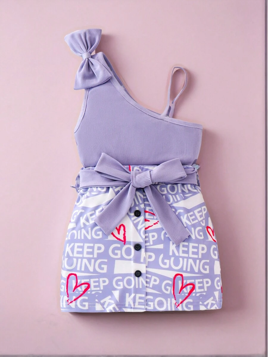 SHEIN 2pcs/Set Young Girl Casual Asymmetric Collar Bowknot Detail Ribbed Knit Top And Letter Heart Printed Belted Skirt Summer Outfits