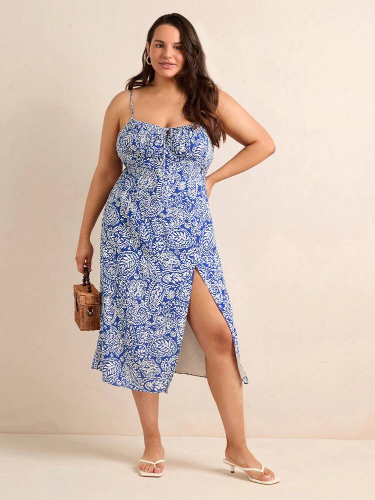 Plus Size Plant Printed High Side Slit Strappy Dress