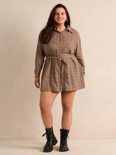 Forever 21 大尺碼女式格紋長袖襯衫連衣裙