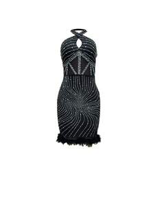 Women's Fluffy Hem Rhinestone Embellished Backless Halter Neck Dress - Black - View 3