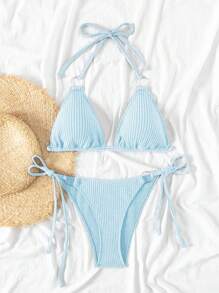 Swim Mod Summer Beach Women's Halter Neck Separated Bikini Set - Baby Blue - View 5