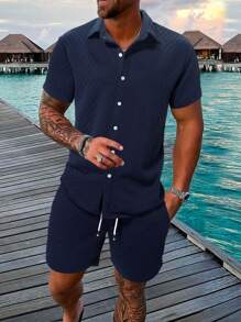 Manfinity Homme Set Di Camicia E Pantaloncini A Texture Solida Da Uomo