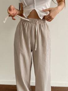 DAZY 女性條紋束腰寬腿褲 - 卡其色 - 查看 6