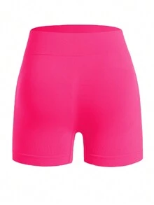 Easithlete Quần short thể thao cạp cao màu trơn Quần short legging - Màu Hồng Tươi - Xem 6