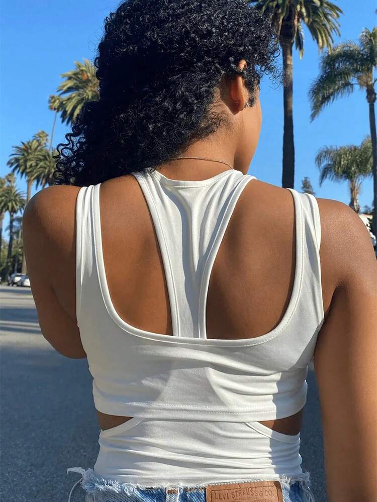 Ladies' Solid Color Hollow Out Tank Top With Wide Straps