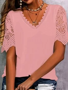 Plus Size Casual Solid Color Lace Panel V-Neck T-Shirt Summer - Dusty Pink - View 3