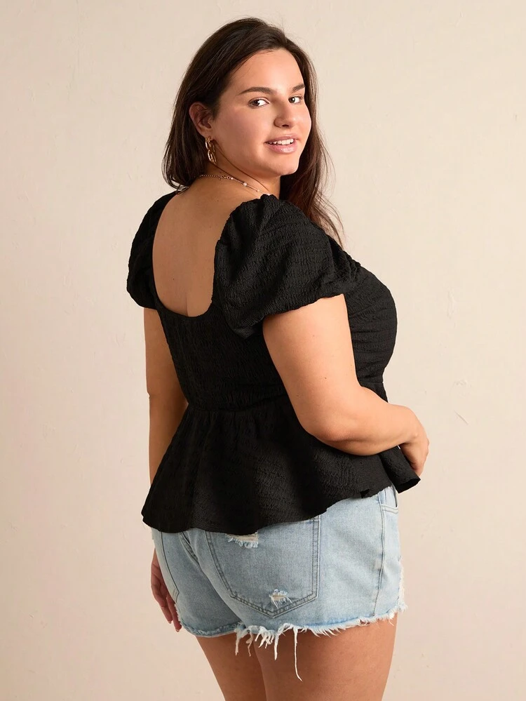 Plus Size Solid Color Square Neckline Waist Gathered Ruffle Hem T-Shirt