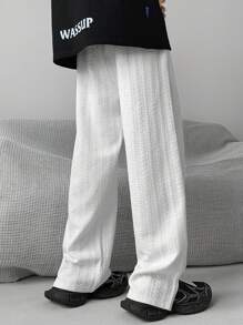 男士时尚休闲宽松纹理侧开衩直筒裤 - 白色 - 查看 2