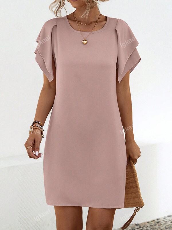 Novo vestido casual simples de cor sólida com decote redondo e babados, primavera/verão, dia dos namorados