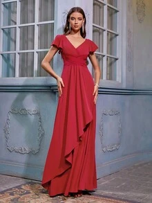 ADYCE Robe de demoiselle d honneur de fête de taille haute croisée et en maille de col en V avec garniture à volants - Rouge foncé - Voir 4