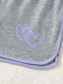 SHEIN 少女夏季休閒紫色心形短袖T恤和短褲套裝 - 紫色 - 查看 4