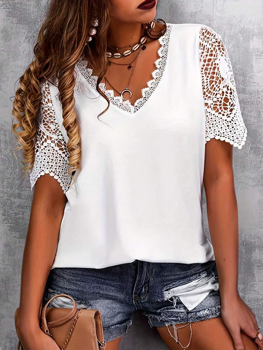 Plus Size Women's Summer Casual Lace Patchwork Short Sleeve T-Shirt - White - View 1