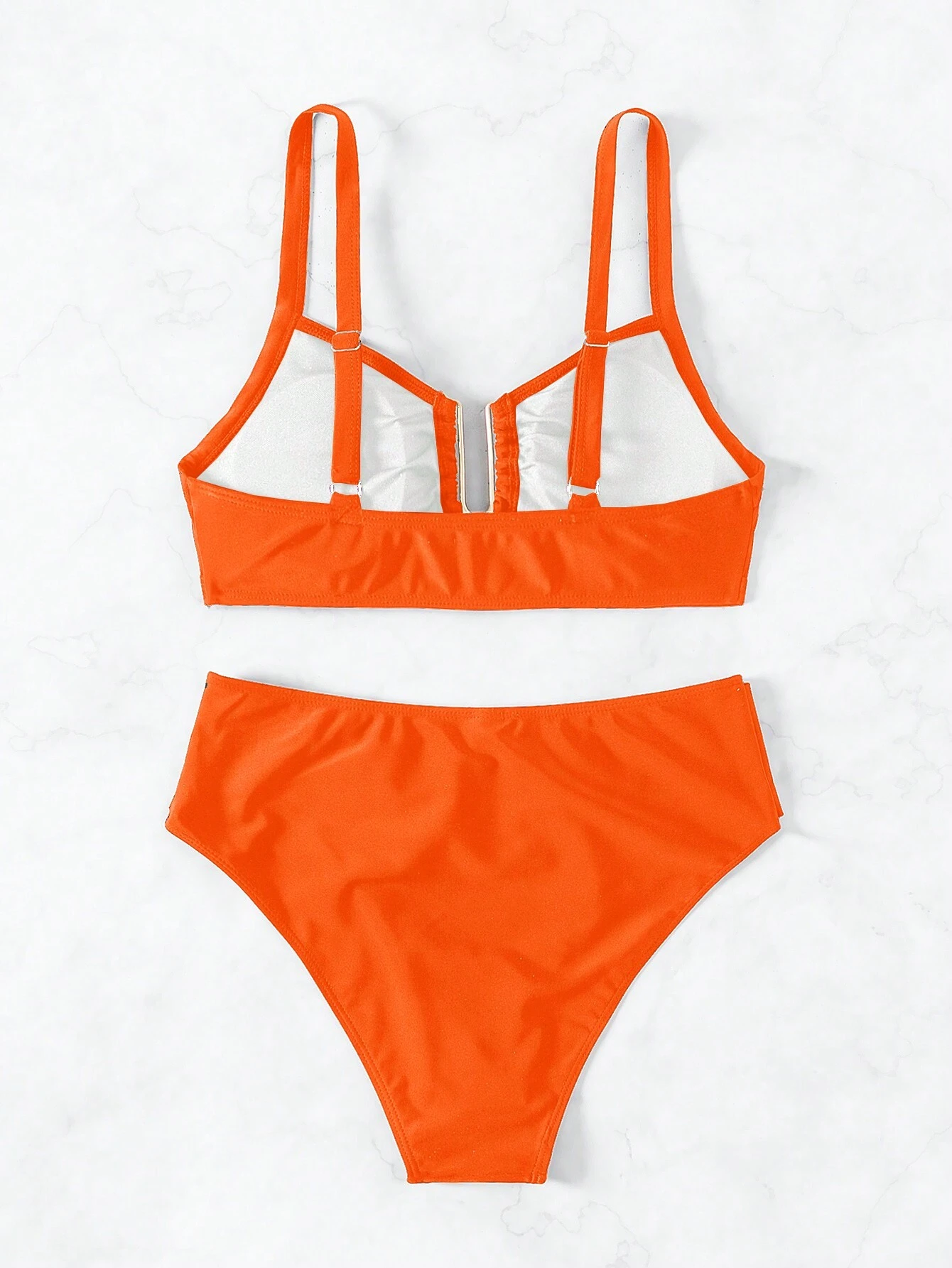 SHEIN Swim Conjunto de Maiô Bikini de 2 Peças com Parte de Baixo e Top, Cor Sólida Laranja com Alça Grossa Ajustável e Decoração em Formato de U Dourado, Primavera/Verão 2026 para Mulheres - Laranja - Visão 7