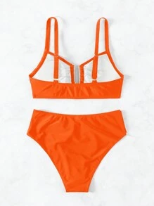 SHEIN Swim 2026春夏女士橙色粗肩带可调节纯色金色U型装饰高衩比基尼上下装两件套泳衣 - 橘色 - 查看 6