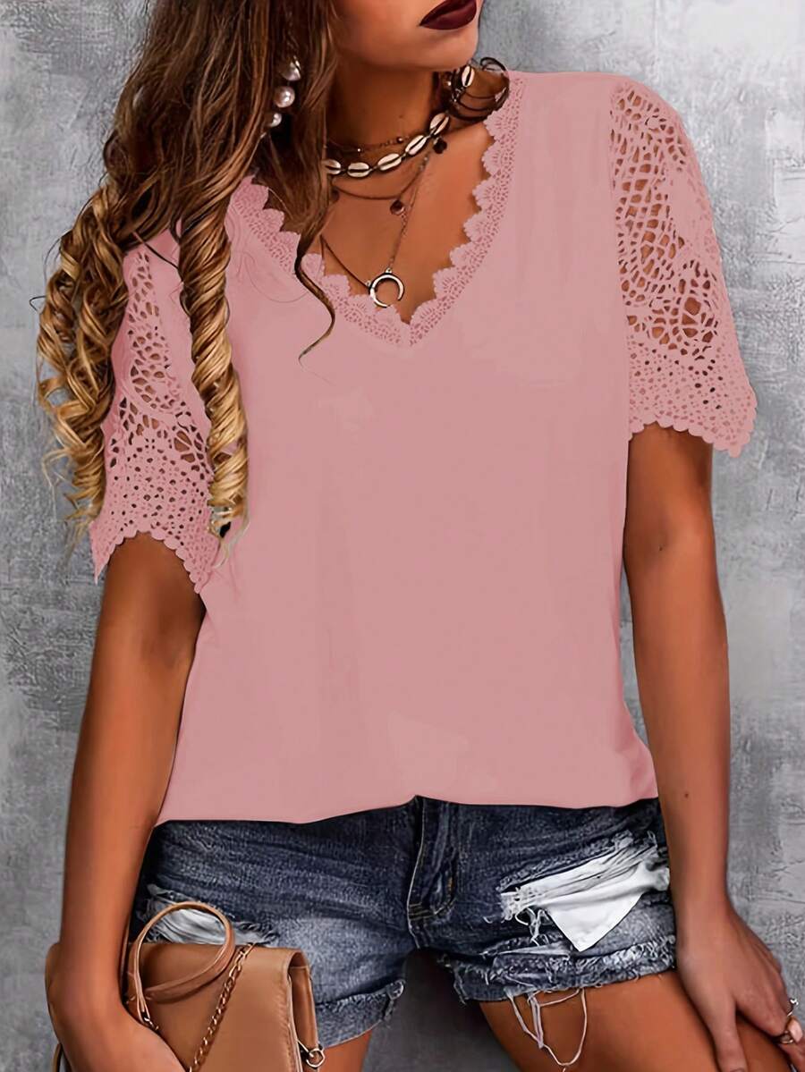 Plus Size Casual Solid Color Lace Panel V-Neck T-Shirt Summer - Dusty Pink - View 1