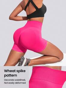 Easithlete Quần short thể thao cạp cao màu trơn Quần short legging - Màu Hồng Tươi - Xem 5