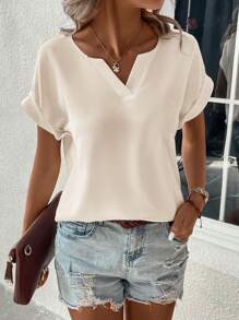 SHEIN Clasi 女士簡約白色v領短袖襯衫 - 卡其色 - 查看 1