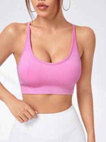Gameset SHEIN Sport 女性十字背中空無縫運動內衣 - 粉色 - 查看 4