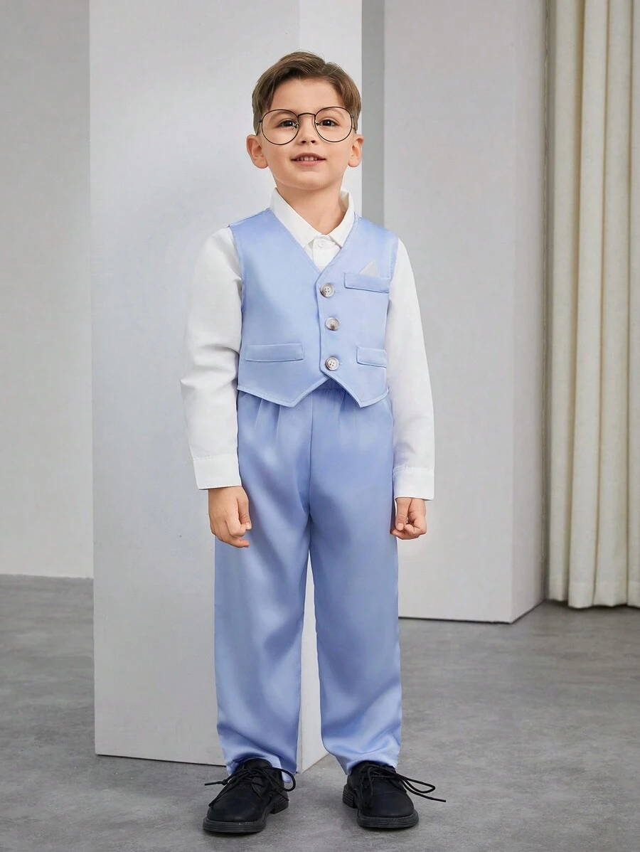 SHEIN 2pcs/Set Young Boy Gentleman Suit, Long Sleeve Blue Satin Vest And Pants For Birthday Party, Wedding, Christening, Anniversary - Blue - View 1