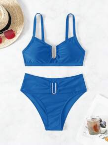 SHEIN Swim 2026春夏女款皇家藍加厚可調式肩帶純色金色U型飾品高衩比基尼兩件式泳衣套裝 - 寶藍色 - 查看 7