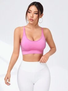 Gameset SHEIN Sport 女性十字背中空無縫運動內衣 - 粉色 - 查看 3