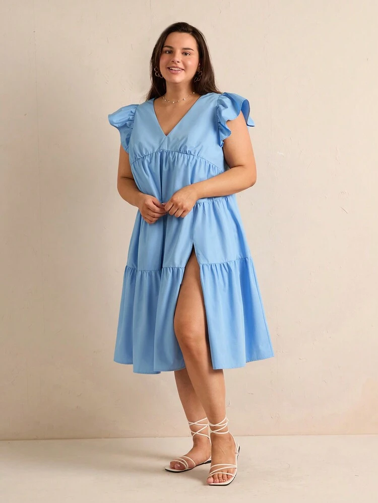 Plus Size Women Solid Color V-Neck Cap Sleeve Split Hem Dress